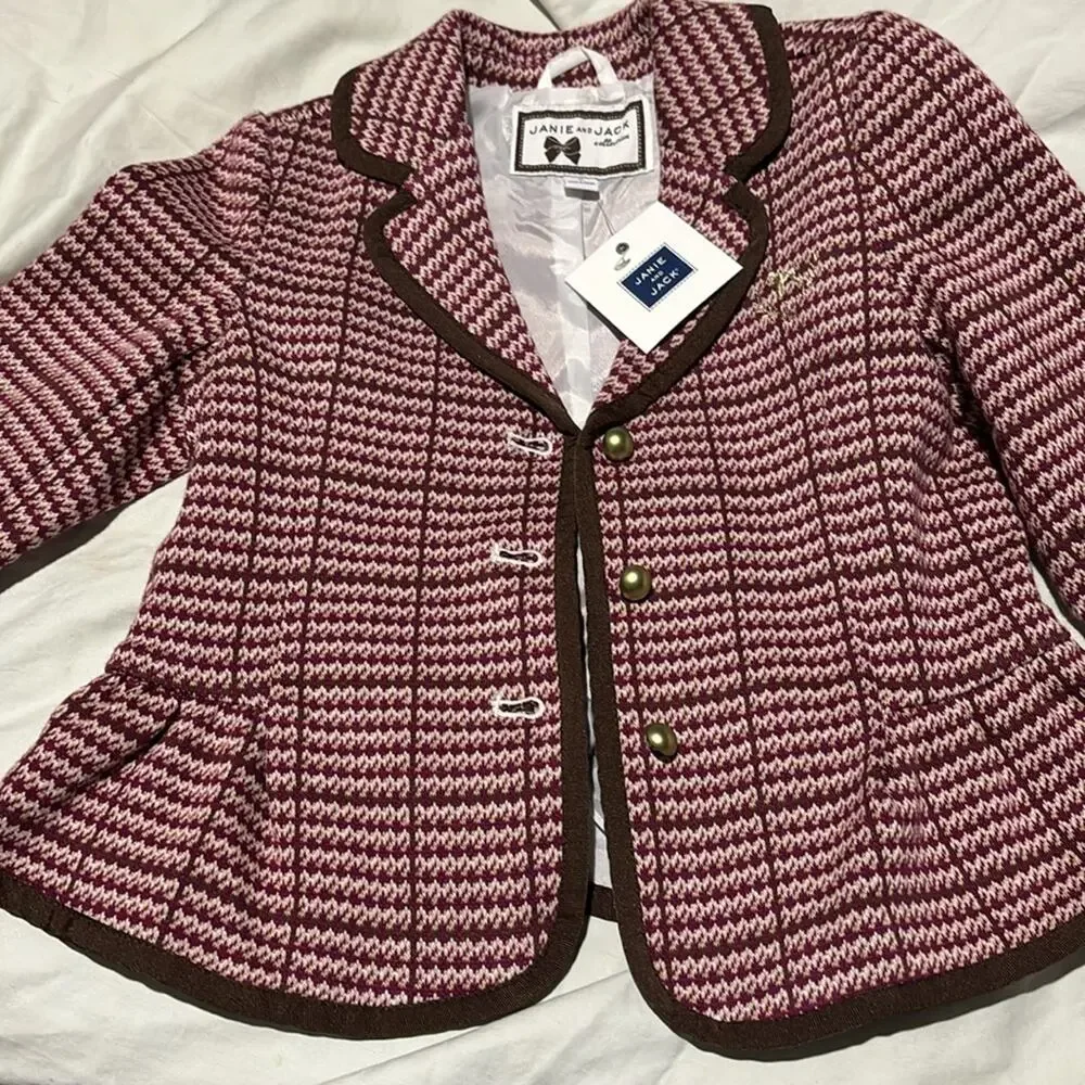 Janie & Jack 4 raspberry brown plaid brass like button blazer jacket nwt